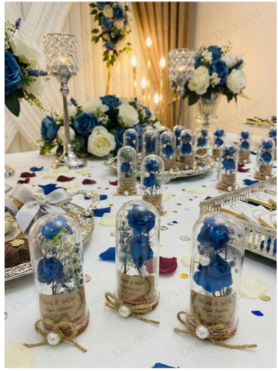 Nikah Şekeri - Jüt İp Süslemeli Mavi Çiçek & Fanus Hediyelik