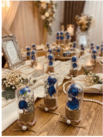 Nikah Şekeri - Jüt İp Süslemeli Mavi Çiçek & Fanus Hediyelik