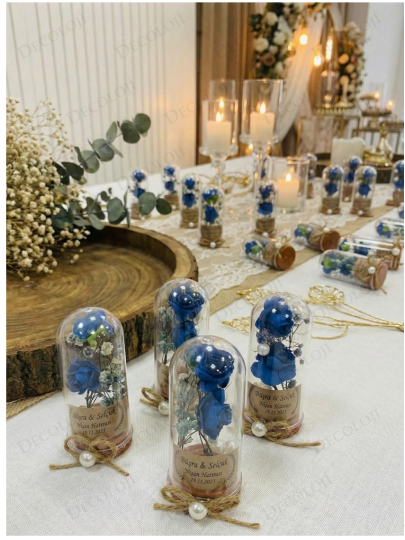 Nikah Şekeri - Jüt İp Süslemeli Mavi Çiçek & Fanus Hediyelik