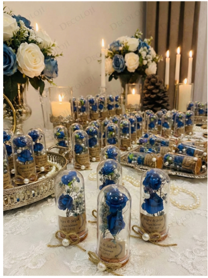 Nikah Şekeri - Jüt İp Süslemeli Mavi Çiçek & Fanus Hediyelik