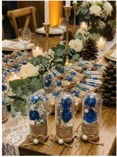 Nikah Şekeri - Jüt İp Süslemeli Mavi Çiçek & Fanus Hediyelik