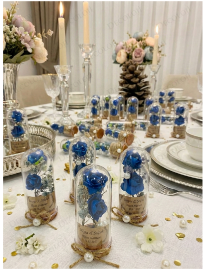 Nikah Şekeri - Jüt İp Süslemeli Mavi Çiçek & Fanus Hediyelik