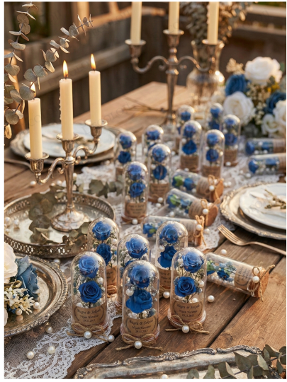 Nikah Şekeri - Jüt İp Süslemeli Mavi Çiçek & Fanus Hediyelik