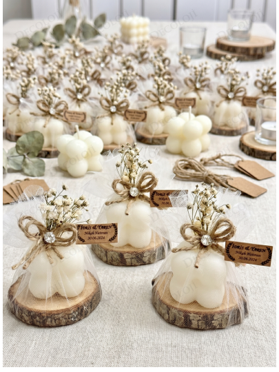 Nikah Şekeri - Jüt İp ve Tül Süslemeli Ahşap & Mum Hediyelik