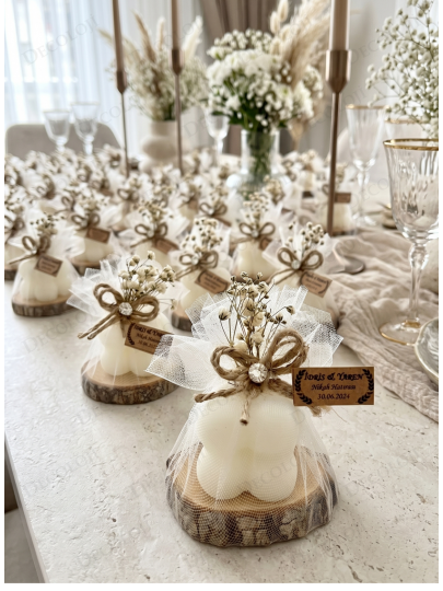 Nikah Şekeri - Jüt İp ve Tül Süslemeli Ahşap & Mum Hediyelik