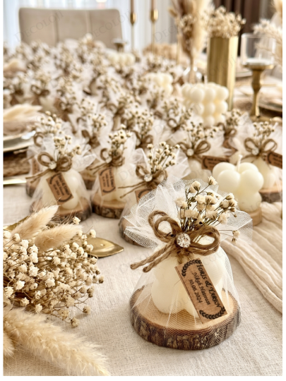 Nikah Şekeri - Jüt İp ve Tül Süslemeli Ahşap & Mum Hediyelik