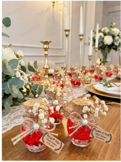 Nikah Şekeri - Alyans Baskılı Cam Şişe & Kırmızı Jel Mum Hediyelik