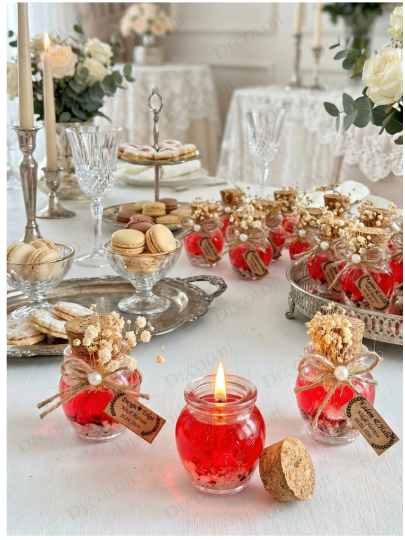 Nikah Şekeri - Alyans Baskılı Cam Şişe & Kırmızı Jel Mum Hediyelik