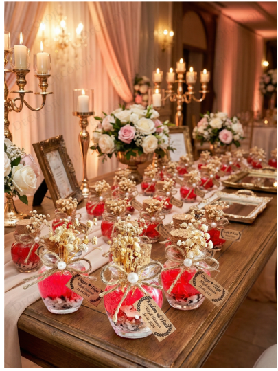 Nikah Şekeri - Alyans Baskılı Cam Şişe & Kırmızı Jel Mum Hediyelik