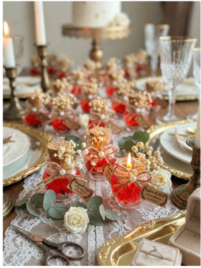 Nikah Şekeri - Alyans Baskılı Cam Şişe & Kırmızı Jel Mum Hediyelik