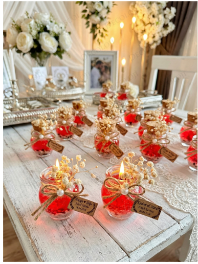 Nikah Şekeri - Alyans Baskılı Cam Şişe & Kırmızı Jel Mum Hediyelik