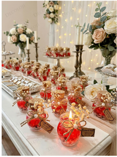 Nikah Şekeri - Alyans Baskılı Cam Şişe & Kırmızı Jel Mum Hediyelik Nikah Şekeri - Alyans Baskılı Cam Şişe & Kırmızı Jel Mum Hediyelik