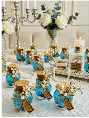 Alyans Baskılı Cam Şişe & Mavi Jel Mum Hediyelik