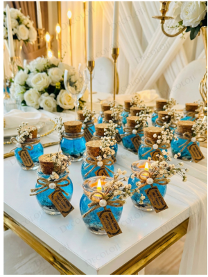 Alyans Baskılı Cam Şişe & Mavi Jel Mum Hediyelik