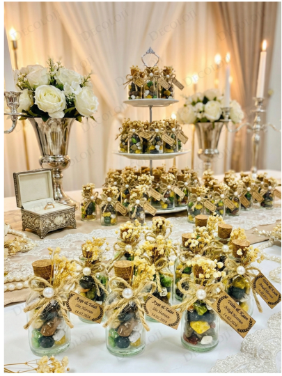 Nikah Şekeri - Jüt İp Süslemeli Cam Şişe & Draje Çikolata Hediyelik