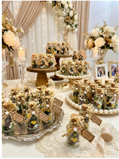 Nikah Şekeri - Jüt İp Süslemeli Cam Şişe & Draje Çikolata Hediyelik