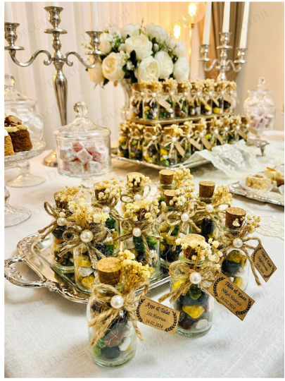 Nikah Şekeri - Jüt İp Süslemeli Cam Şişe & Draje Çikolata Hediyelik