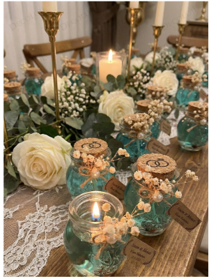 Alyans Baskılı Cam Şişe & Yeşil Jel Mum Hediyelik