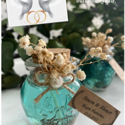 Alyans Baskılı Cam Şişe & Yeşil Jel Mum Hediyelik