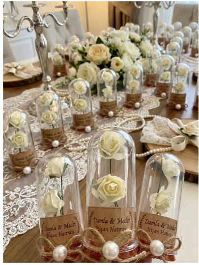 Nikah Şekeri - Jüt İp Süslemeli Beyaz Çiçek & Fanus Hediyelik