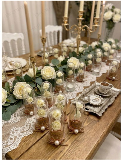 Nikah Şekeri - Jüt İp Süslemeli Beyaz Çiçek & Fanus Hediyelik