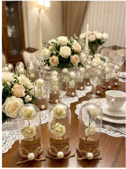 Nikah Şekeri - Jüt İp Süslemeli Beyaz Çiçek & Fanus Hediyelik