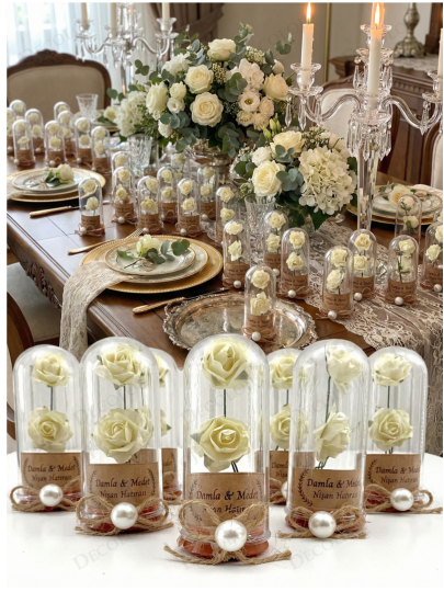 Nikah Şekeri - Jüt İp Süslemeli Beyaz Çiçek & Fanus Hediyelik