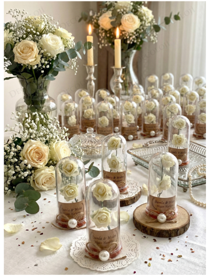 Nikah Şekeri - Jüt İp Süslemeli Beyaz Çiçek & Fanus Hediyelik