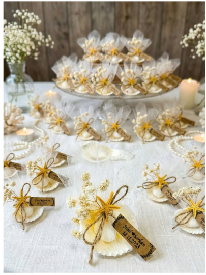 Nikah Şekeri - Jüt İp Süslemeli Doğal İstiridye & Şeker Hediyelik