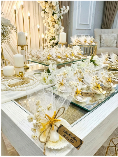 Nikah Şekeri - Jüt İp Süslemeli Doğal İstiridye & Şeker Hediyelik