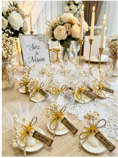 Nikah Şekeri - Jüt İp Süslemeli Doğal İstiridye & Şeker Hediyelik