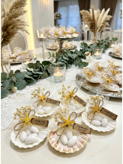 Nikah Şekeri - Jüt İp Süslemeli Doğal İstiridye & Şeker Hediyelik