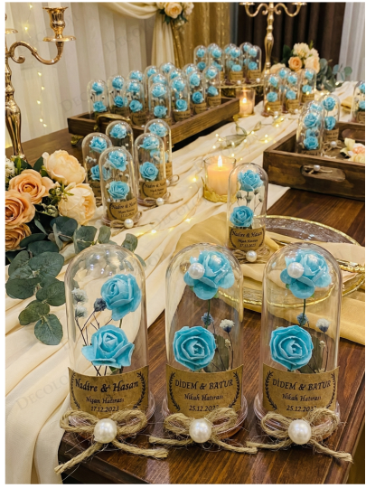 Nikah Şekeri - Jüt İp Süslemeli Turkuaz Çiçek & Fanus Hediyelik