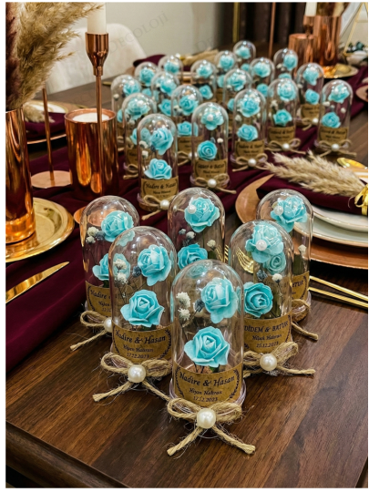 Nikah Şekeri - Jüt İp Süslemeli Turkuaz Çiçek & Fanus Hediyelik