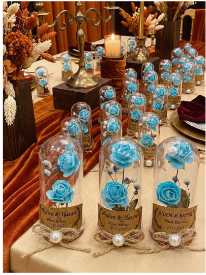 Nikah Şekeri - Jüt İp Süslemeli Turkuaz Çiçek & Fanus Hediyelik