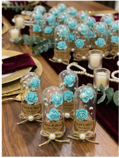 Nikah Şekeri - Jüt İp Süslemeli Turkuaz Çiçek & Fanus Hediyelik