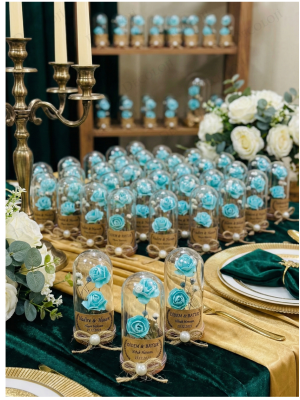 Jüt İp Süslemeli Turkuaz Çiçek & Fanus Hediyelik