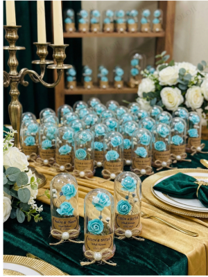 Jüt İp Süslemeli Turkuaz Çiçek & Fanus Hediyelik