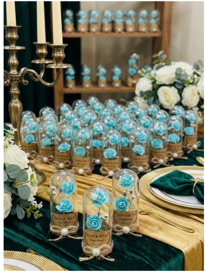 Nikah Şekeri - Jüt İp Süslemeli Turkuaz Çiçek & Fanus Hediyelik