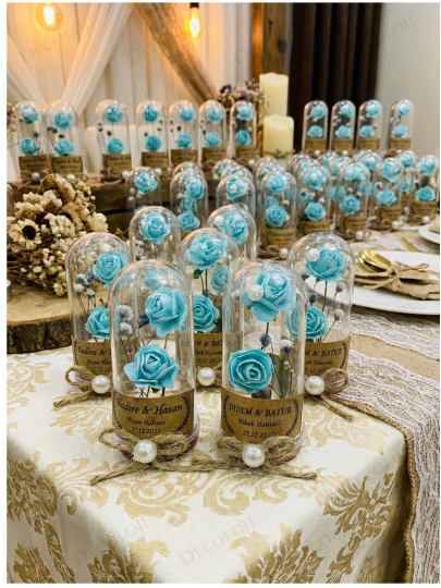 Nikah Şekeri - Jüt İp Süslemeli Turkuaz Çiçek & Fanus Hediyelik