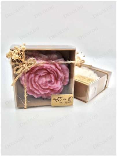 Nikah Şekeri - Jüt İp Süslemeli Pembe Şakayık Mum Hediyelik