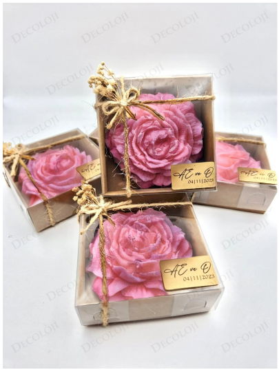 Nikah Şekeri - Jüt İp Süslemeli Pembe Şakayık Mum Hediyelik