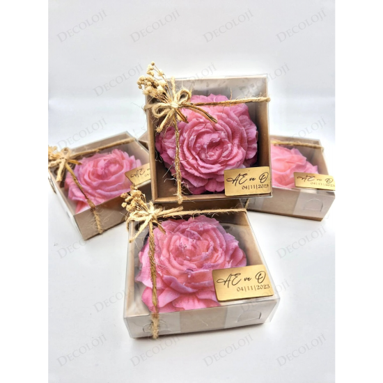 Nikah Şekeri - Jüt İp Süslemeli Pembe Şakayık Mum Hediyelik