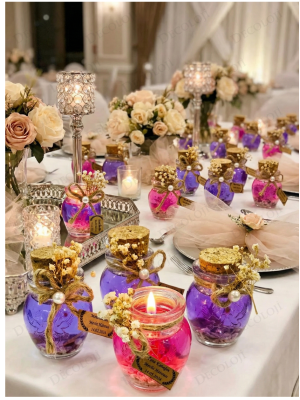 Alyans Baskılı Cam Şişe & Mor Jel Mum Hediyelik