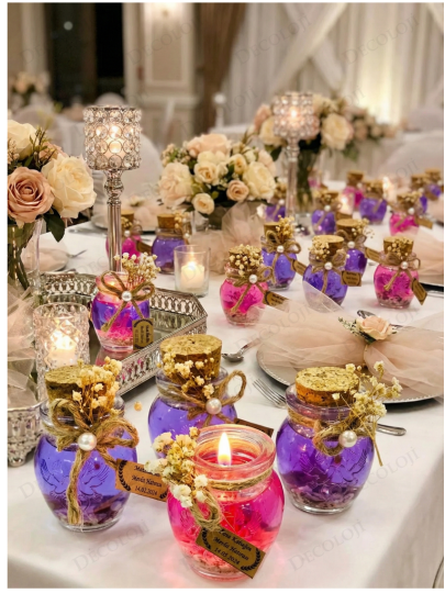 Nikah Şekeri - Alyans Baskılı Cam Şişe & Mor Jel Mum Hediyelik