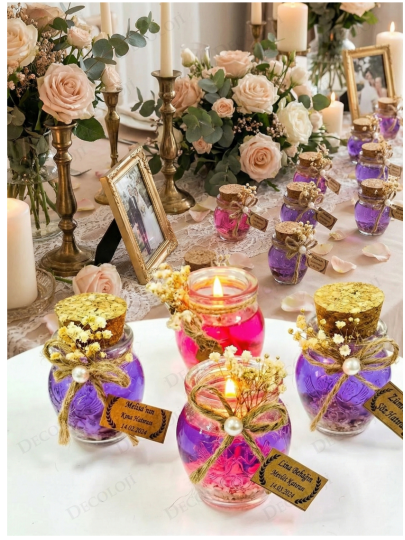 Nikah Şekeri - Alyans Baskılı Cam Şişe & Mor Jel Mum Hediyelik
