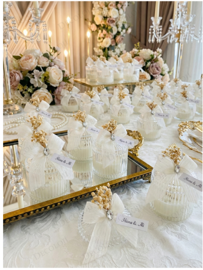 Nikah Şekeri - Nopeli Kurdele Süslemeli Mika Kutu Mum Hediyelik