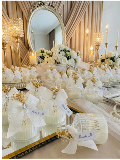 Nikah Şekeri - Nopeli Kurdele Süslemeli Mika Kutu Mum Hediyelik