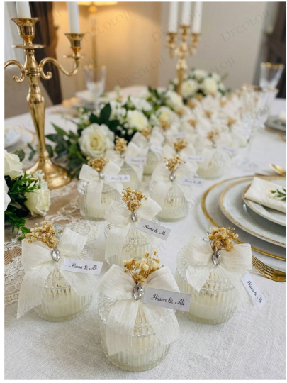 Nikah Şekeri - Nopeli Kurdele Süslemeli Mika Kutu Mum Hediyelik