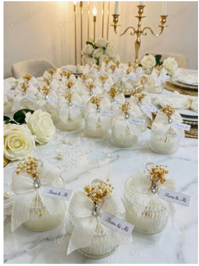 Nikah Şekeri - Nopeli Kurdele Süslemeli Mika Kutu Mum Hediyelik